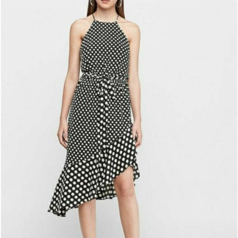 Express Black & White Polka Dot Cocktail Dress with Asymmetrical Ruffled Hemline